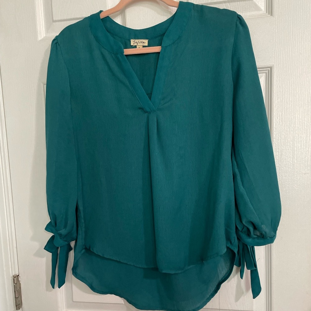 Women’s Teal V neck 3/4 Sleeve Blouse with Tie Sleeves